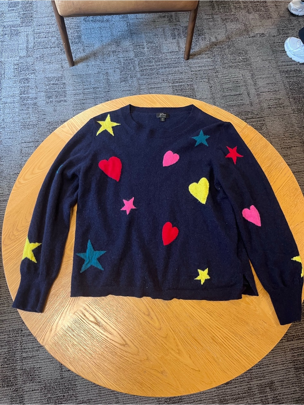 J. Crew Navy Cashmere Sweater with Colorful Heart & Star Appliqués